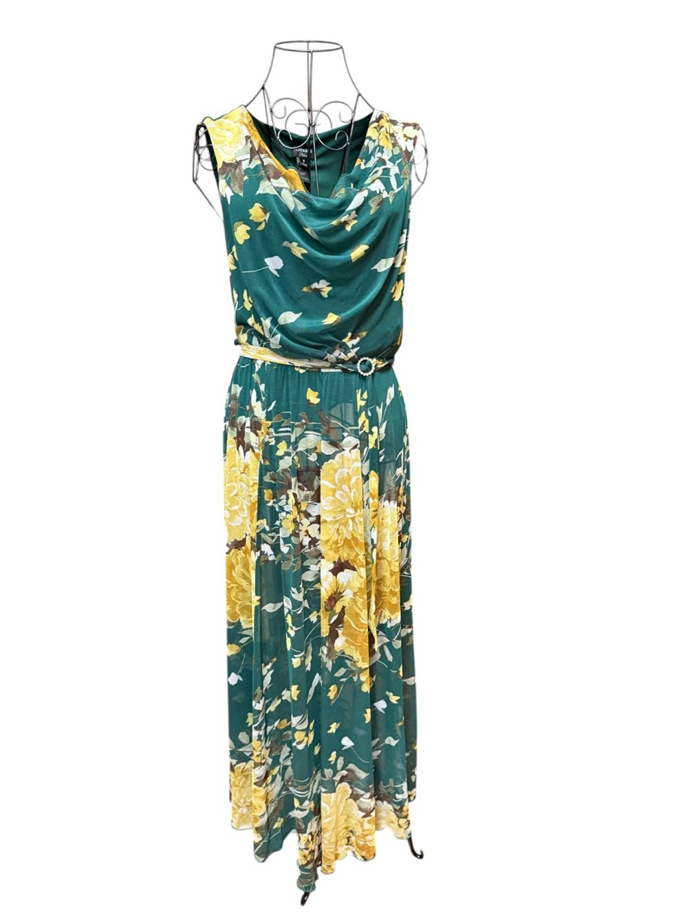 Alexa B Teal Green Maxi Dress with Yellow Floral Print and Rhinestone Belt